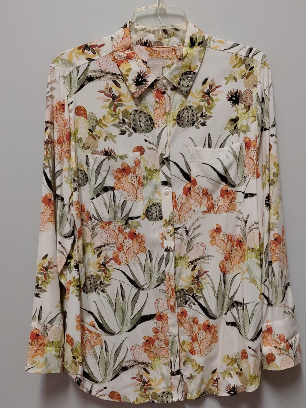 Chico's White Floral Button-Front Shirt with Orange & Green Print, Size 8